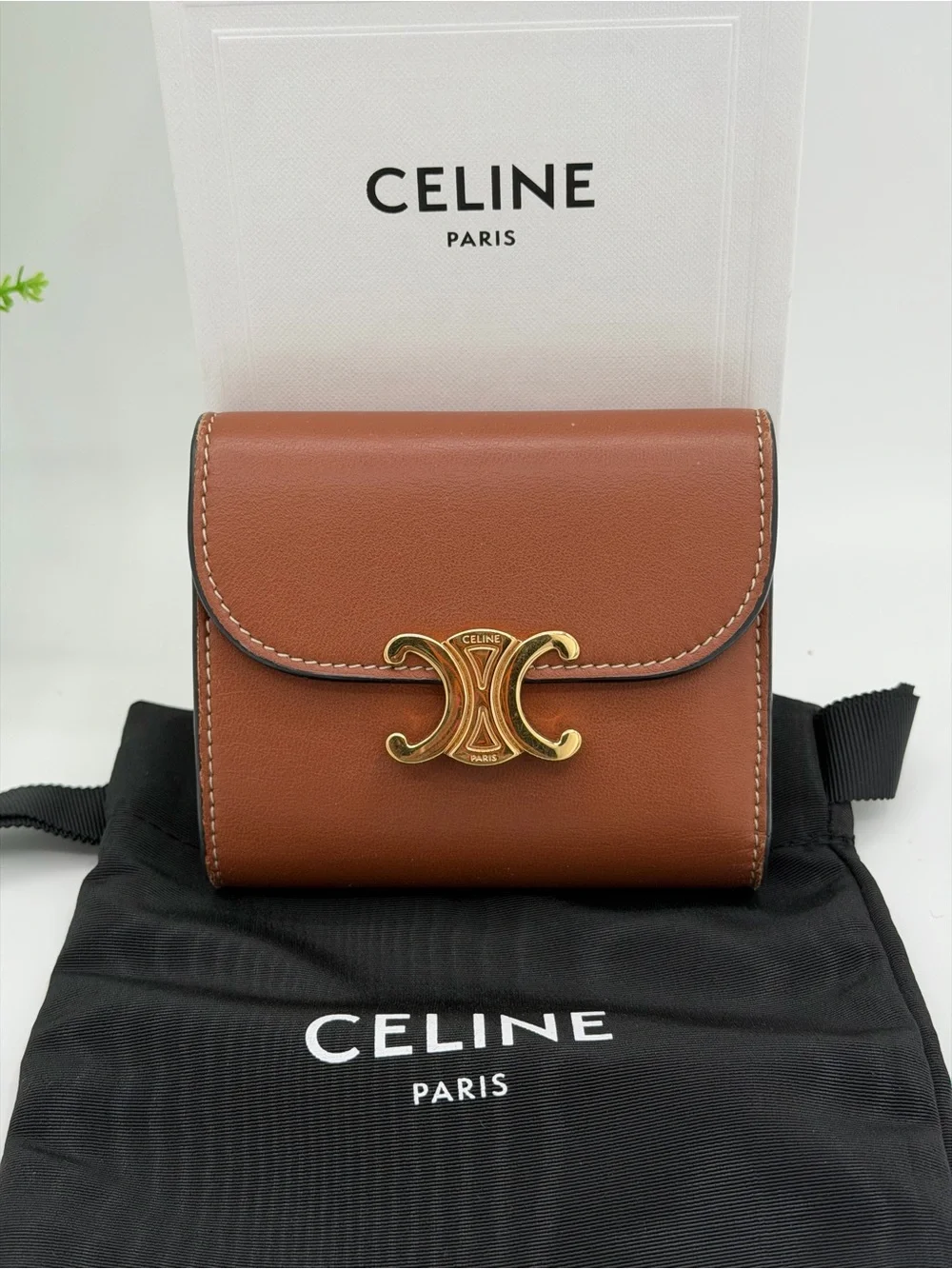 Celine Brown Leather Triomphe Compact Wallet with Gold Hardware